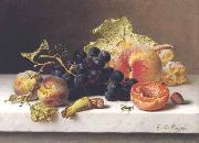Johann Wilhelm Preyer Grapes peaches and plums on a marble ledge oil on canvas
